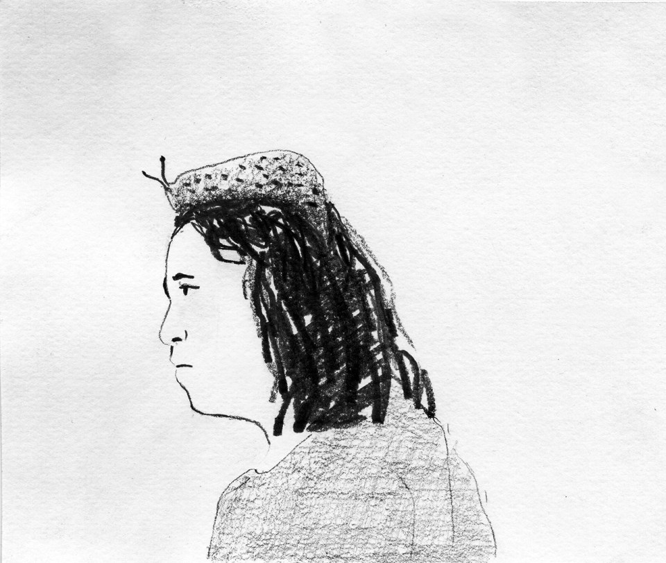 Self Portrait with a Slug on My Head, 2012, pencil on paper, 12.5×14.5 cm tal gilboa טל גלבוע